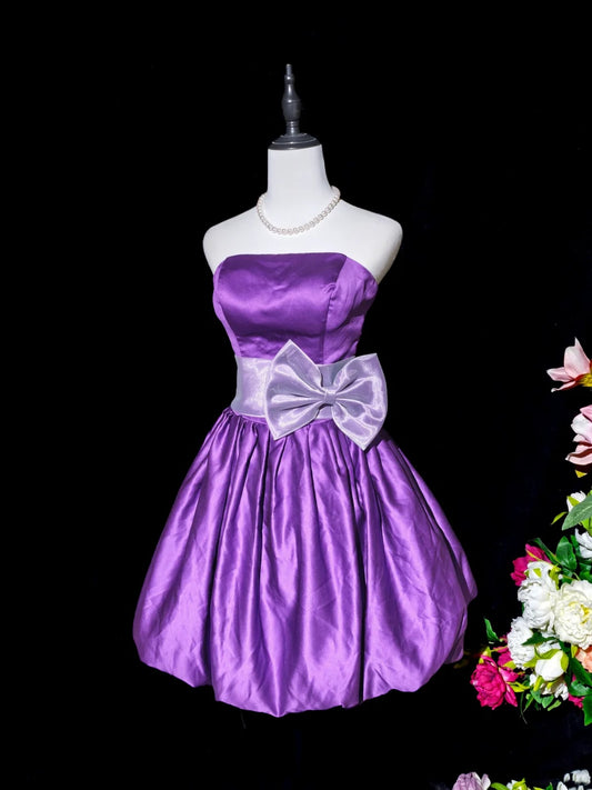 Elegant Purple Strapless Satin Contrast Lavender Satin Big Bow Waist Pleated Bubble A Line Skirt Short Homecoming Dress AS2410