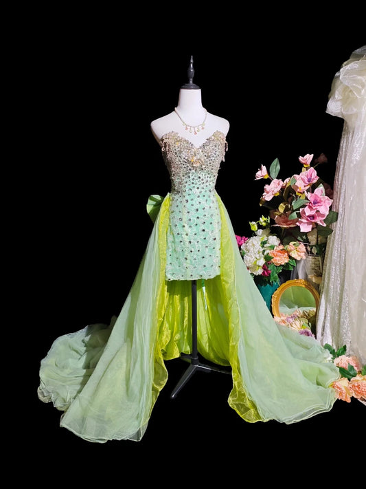 Luxurious Green Strapless Sweetheart Heavy Rhinestone Beaded Short Bodycon Short Homecoming Dress With Detachable Oversized Bow & Long Tulle Train AS2411