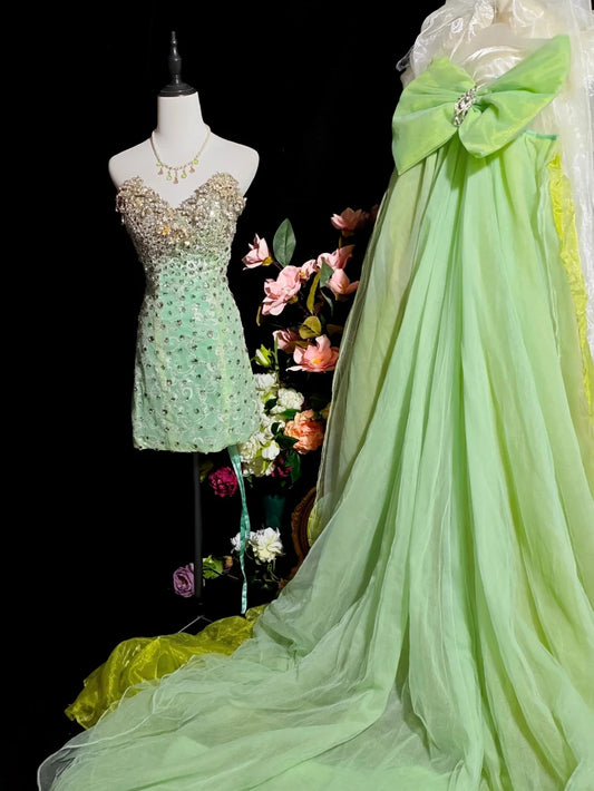 Luxurious Green Strapless Sweetheart Heavy Rhinestone Beaded Short Bodycon Short Homecoming Dress With Detachable Oversized Bow & Long Tulle Train AS2411