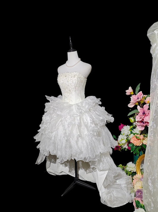 Elegant Ivory Strapless Lace Beaded Bodice Multi‑Tier Ruffled Organza High‑Low A Line Homecoming Dress With Chapel Train AS2412