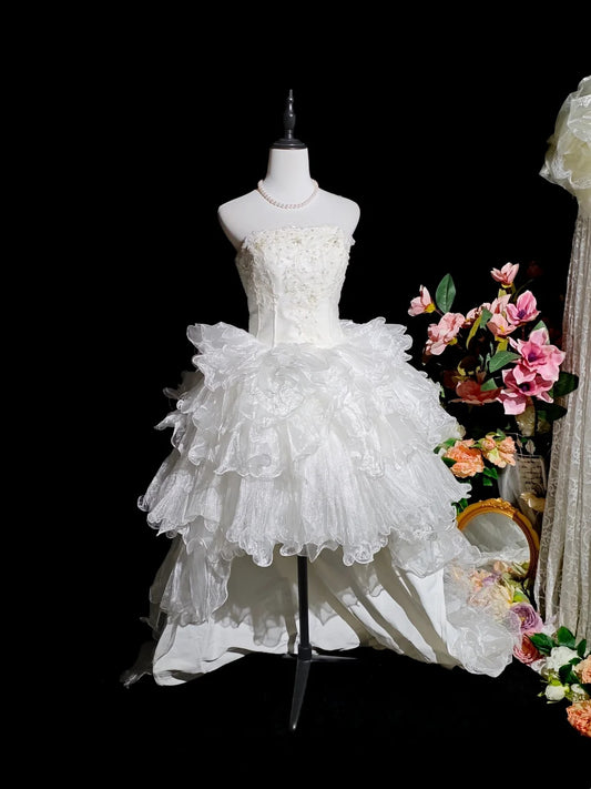 Elegant Ivory Strapless Lace Beaded Bodice Multi‑Tier Ruffled Organza High‑Low A Line Homecoming Dress With Chapel Train AS2412