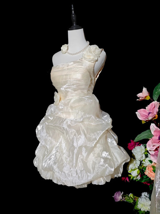 Chic Champagne One‑Shoulder 3D Rose Floral Ruched Shimmer Organza Bubble A Line Short Homecoming Dress AS2413