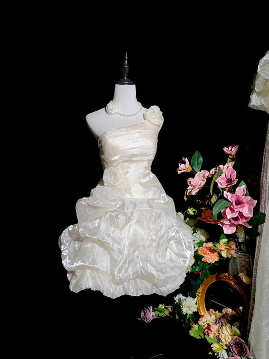 Chic Champagne One‑Shoulder 3D Rose Floral Ruched Shimmer Organza Bubble A Line Short Homecoming Dress AS2413