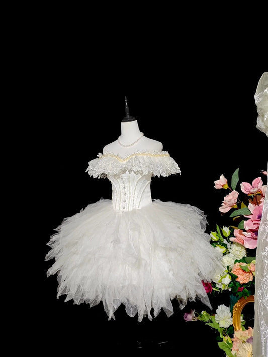 Romantic Ivory Off Shoulder Lace Ruffle Trim Beaded Corset Bodice Fluffy Tiered Tulle A‑Line Short Homecoming Dress AS2414