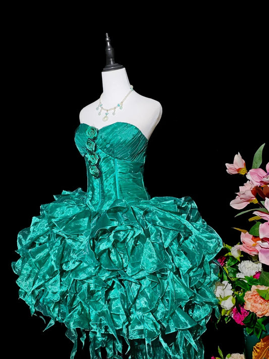 Dazzling Teal Strapless Sweetheart Crinkled 3D Rose Appliques Shimmer Voluminous Ruffled High‑Low A Line Short Homecoming Dress AS2415