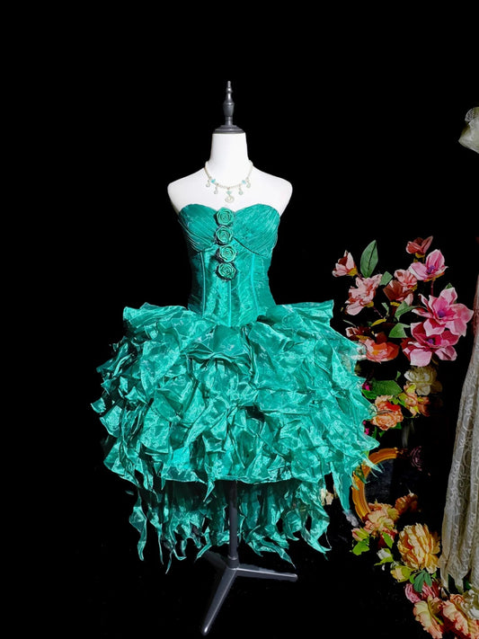 Dazzling Teal Strapless Sweetheart Crinkled 3D Rose Appliques Shimmer Voluminous Ruffled High‑Low A Line Short Homecoming Dress AS2415