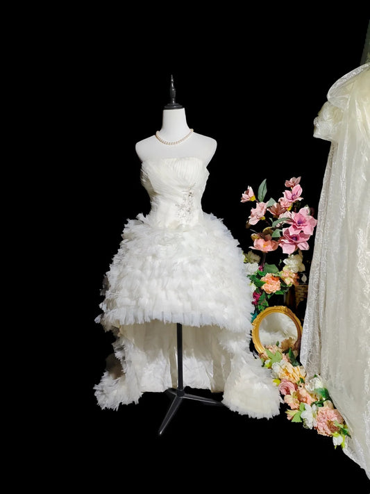 Divine Ivory Strapless Pleated Lace Appliques Layered Feather‑Like Ruffle Tulle High‑Low A Line Homecoming Dress With Chapel Train AS2416