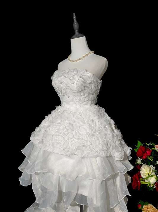 Gorgeous Ivory Strapless 3D Floral Applique Multi‑Layer Ruffled Organza High‑Low A Line Homecoming Dress With Chapel Train AS2417