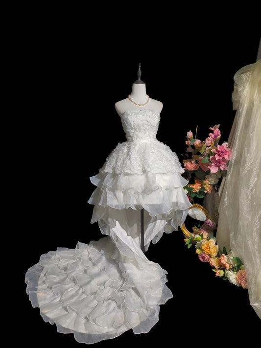 Gorgeous Ivory Strapless 3D Floral Applique Multi‑Layer Ruffled Organza High‑Low A Line Homecoming Dress With Chapel Train AS2417