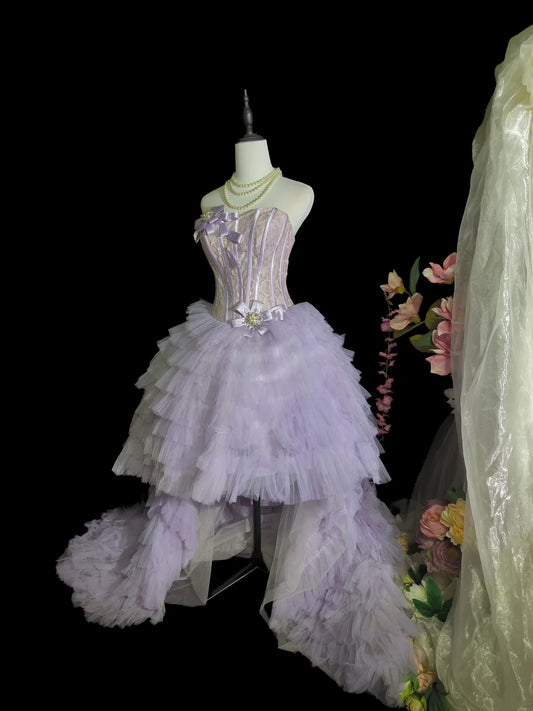 Dreamy Lavender Strapless Lace Corset Bow Rhinestone Accent Tiered Ruffle Tulle High‑Low Homecoming Dress With Chapel Train AS2418