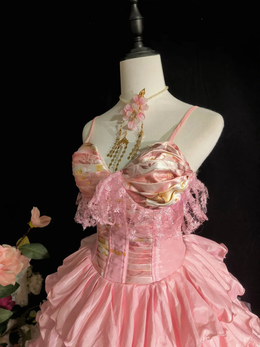 Sweet Pink Spaghetti Straps Sweetheart Lace Ruffle Corset Bodice Multi‑Layer Ruffled Satin Tulle A Line Short Homecoming Dress AS2419
