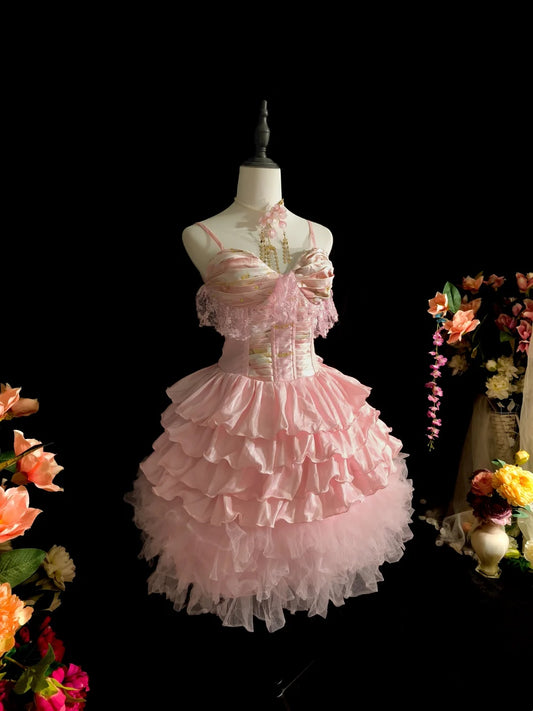 Sweet Pink Spaghetti Straps Sweetheart Lace Ruffle Corset Bodice Multi‑Layer Ruffled Satin Tulle A Line Short Homecoming Dress AS2419