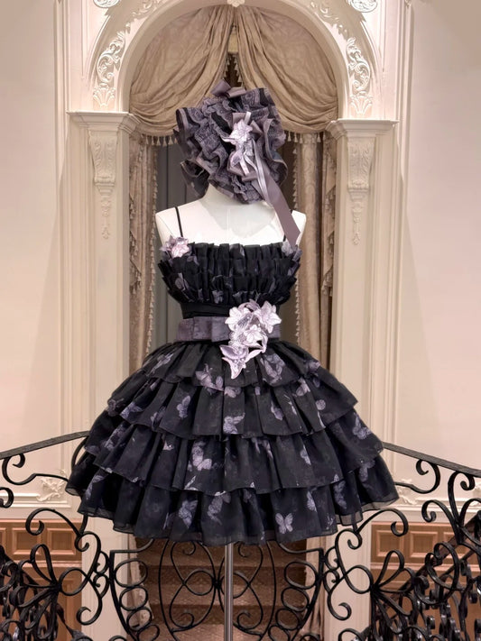 Cute Black Lavender Butterfly Print Spaghetti Straps 3D Floral Applique Ruffled Tiered A Line Short Homecoming Dress AS2420