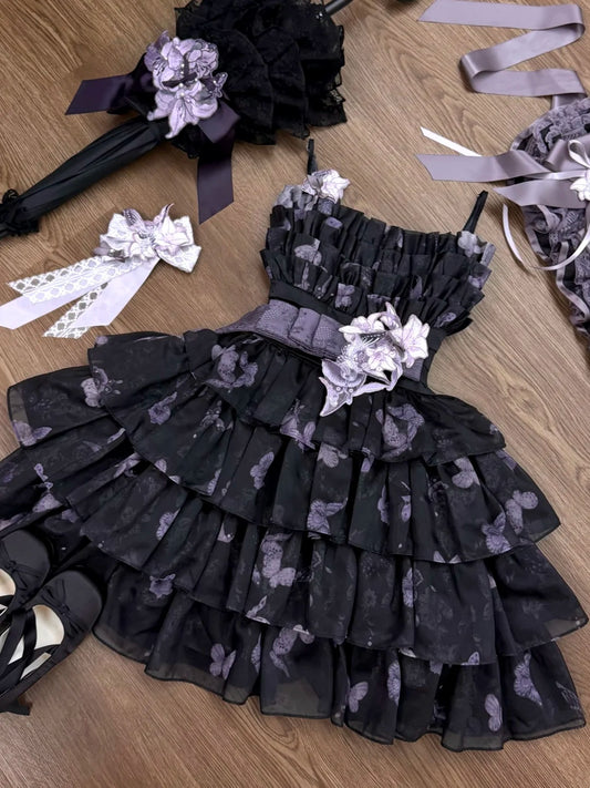 Cute Black Lavender Butterfly Print Spaghetti Straps 3D Floral Applique Ruffled Tiered A Line Short Homecoming Dress AS2420