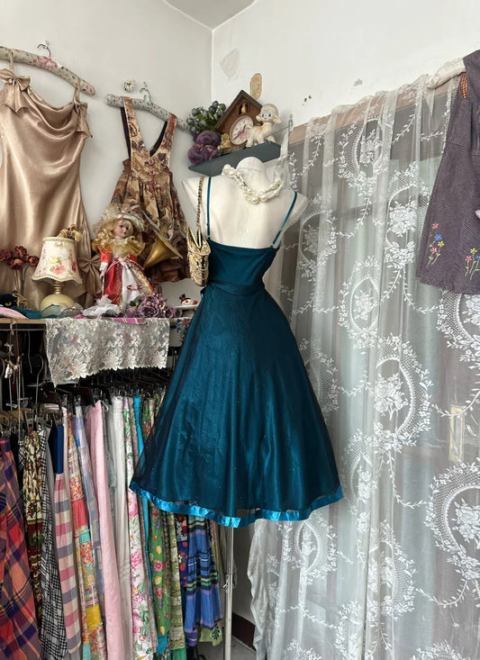 Elegant Peacock‑Blue Glitter Tulle Spaghetti Straps 3D Rose Lace Trim Satin Sash Bow Midi A Line Homecoming Dress AS2421