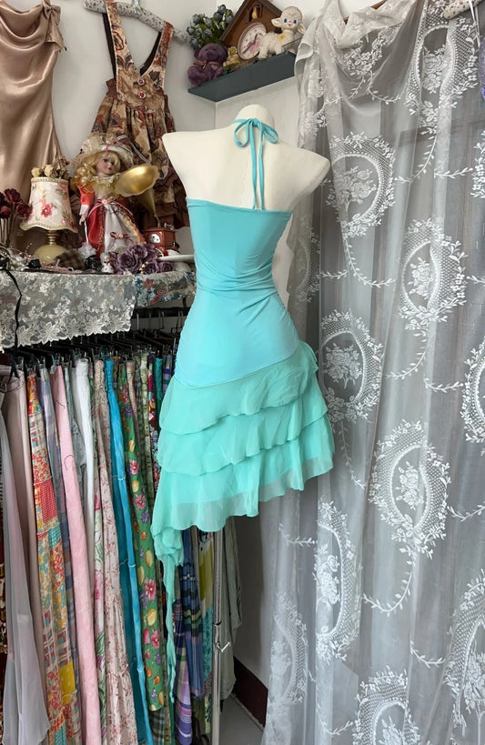 Bright Turquoise Halter Tie Neck Metal Ring Cutout Ruched Bodice Tiered Chiffon Asymmetrical Bodycon Short Homecoming Dress AS2422
