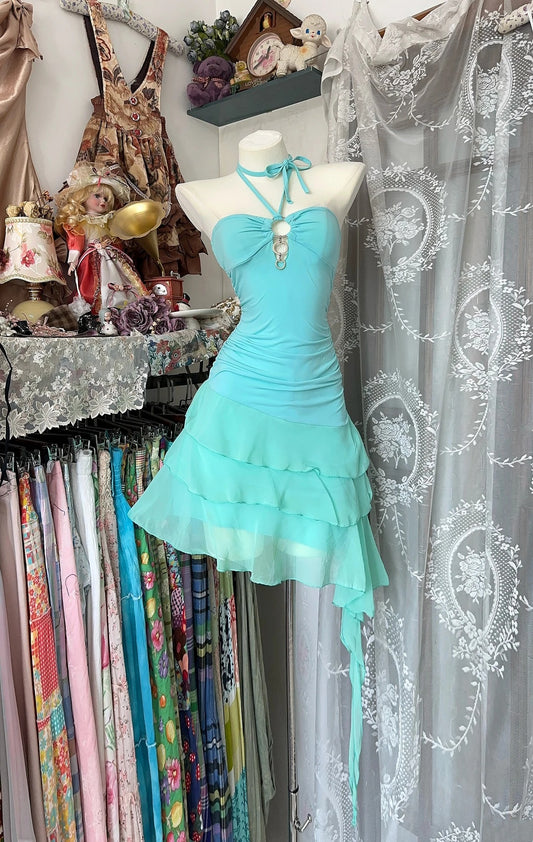 Bright Turquoise Halter Tie Neck Metal Ring Cutout Ruched Bodice Tiered Chiffon Asymmetrical Bodycon Short Homecoming Dress AS2422