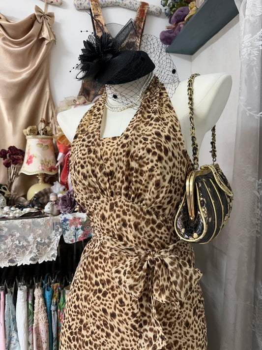 Bold Leopard Print Halter V‑Neck Self‑Tie Sash Waist A‑Line Midi Homecoming Dress AS2424