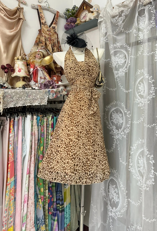 Bold Leopard Print Halter V‑Neck Self‑Tie Sash Waist A‑Line Midi Homecoming Dress AS2424