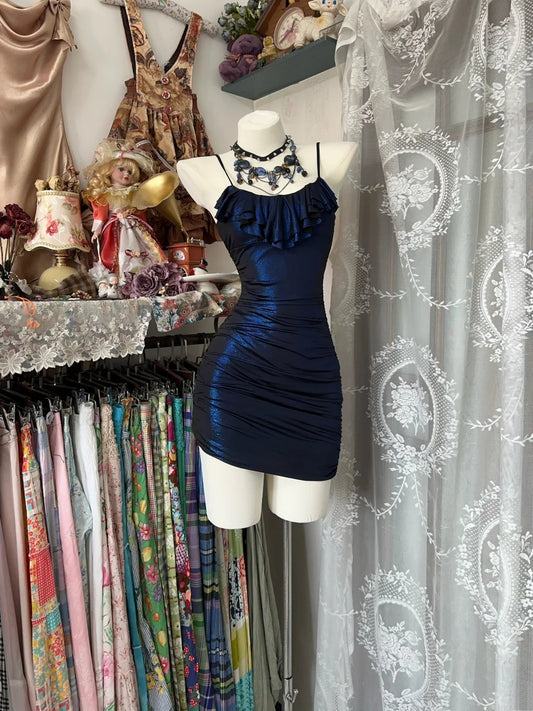 Sultry Navy Blue Shimmer Spaghetti Straps Ruffle Neck Ruched Bodycon Short Homecoming Dress AS2425