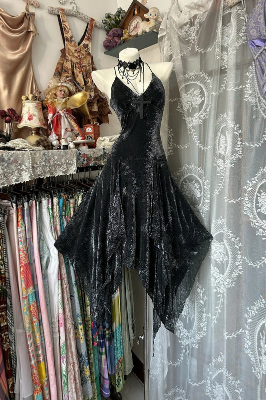 Enchanting Black Glitter Mesh Spaghetti Straps V‑Neck Irregular Handkerchief Hem A Line Midi Homecoming Dress AS2426
