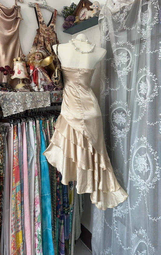 Luxurious Champagne Satin Strapless Ruched Bodice Multi‑Layer Ruffle Asymmetrical Midi Bodycon Homecoming Dress AS2427