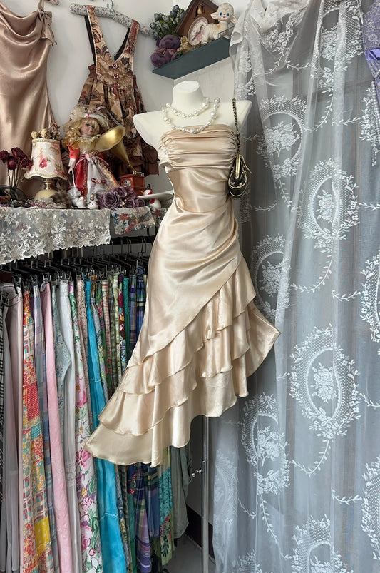 Luxurious Champagne Satin Strapless Ruched Bodice Multi‑Layer Ruffle Asymmetrical Midi Bodycon Homecoming Dress AS2427