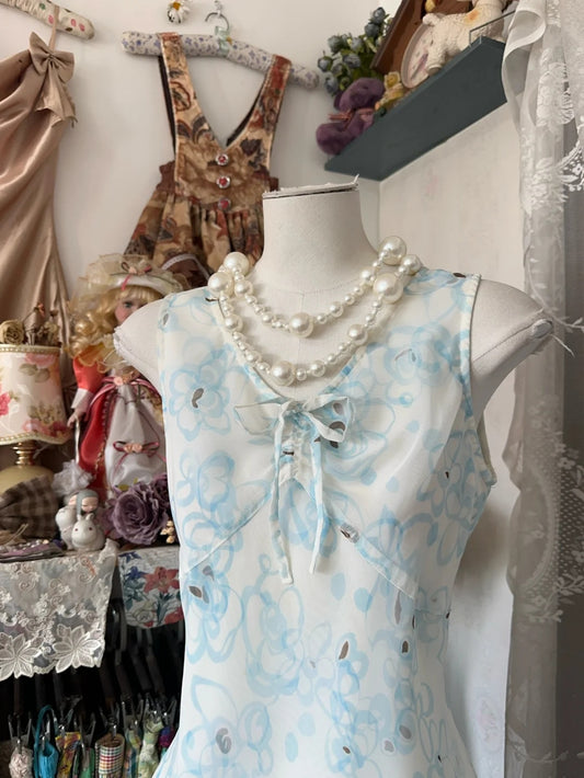 Fresh White Light‑Blue Floral Print Chiffon Sleeveless V‑Neck Front Bow A‑Line Midi Homecoming Dress AS2428