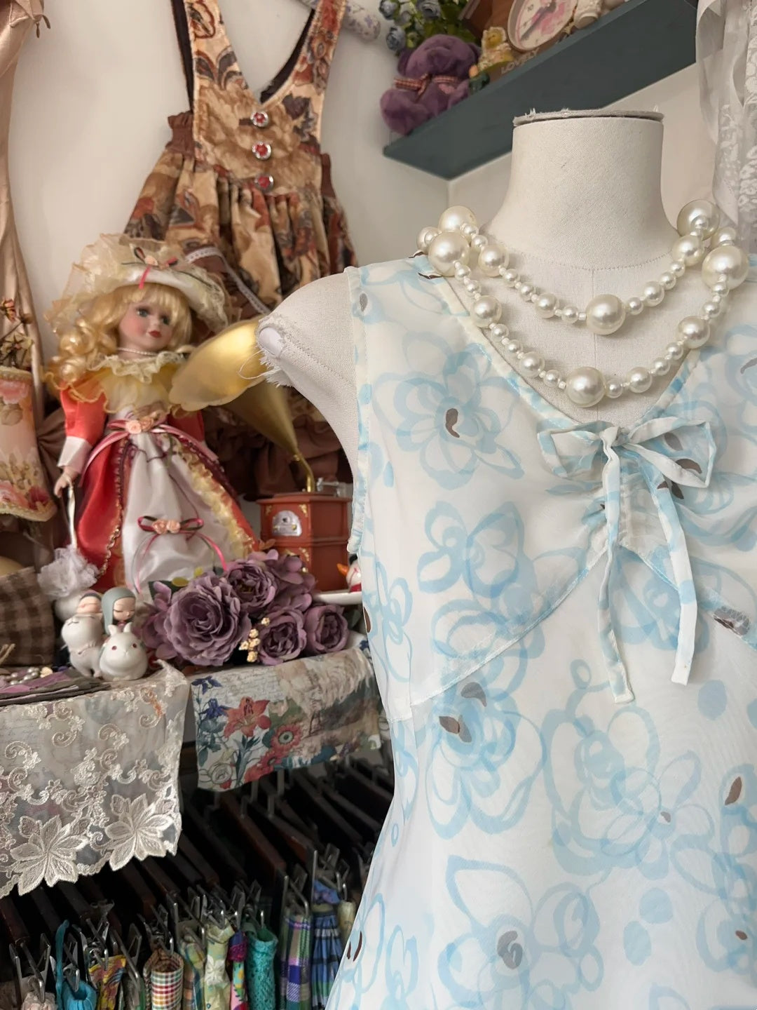 Fresh White Light‑Blue Floral Print Chiffon Sleeveless V‑Neck Front Bow A‑Line Midi Homecoming Dress AS2428