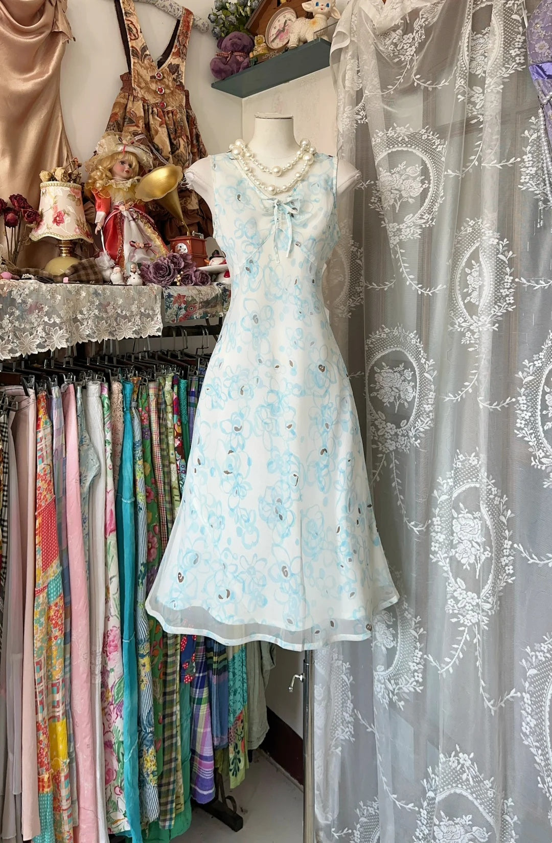Fresh White Light‑Blue Floral Print Chiffon Sleeveless V‑Neck Front Bow A‑Line Midi Homecoming Dress AS2428