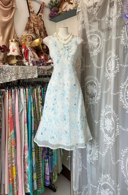 Fresh White Light‑Blue Floral Print Chiffon Sleeveless V‑Neck Front Bow A‑Line Midi Homecoming Dress AS2428