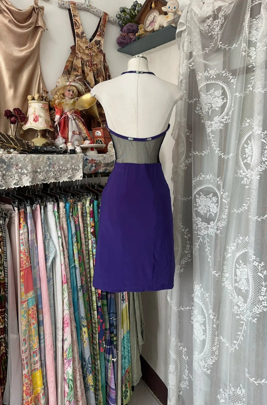 Eye‑Catching Purple Halter V‑Neck Sequin Beaded Sheer Cutout Waist Floral Embroidery Bodycon Short Homecoming Dress AS2429
