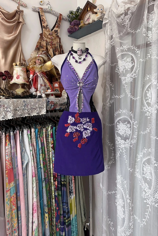 Eye‑Catching Purple Halter V‑Neck Sequin Beaded Sheer Cutout Waist Floral Embroidery Bodycon Short Homecoming Dress AS2429
