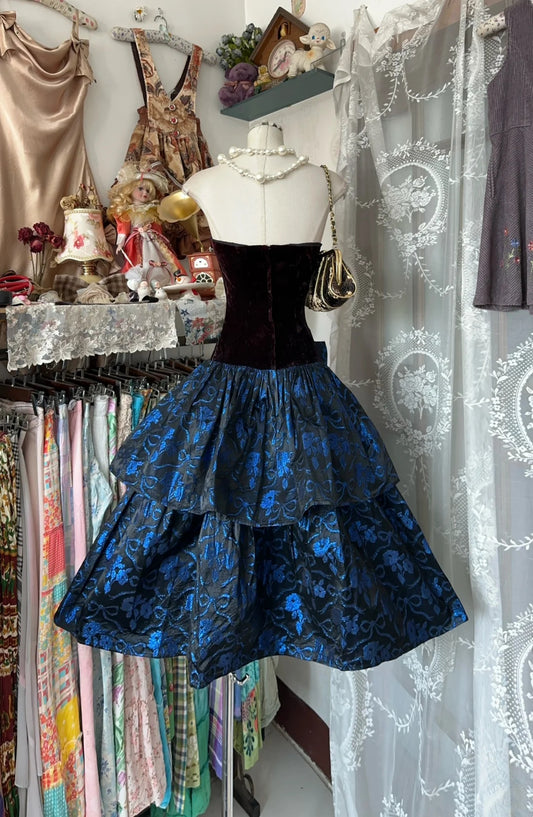 Regal Burgundy Velvet Strapless Sweetheart Neck Large Bow Layered Blue Floral Jacquard Midi A Line Homecoming Dress AS2430