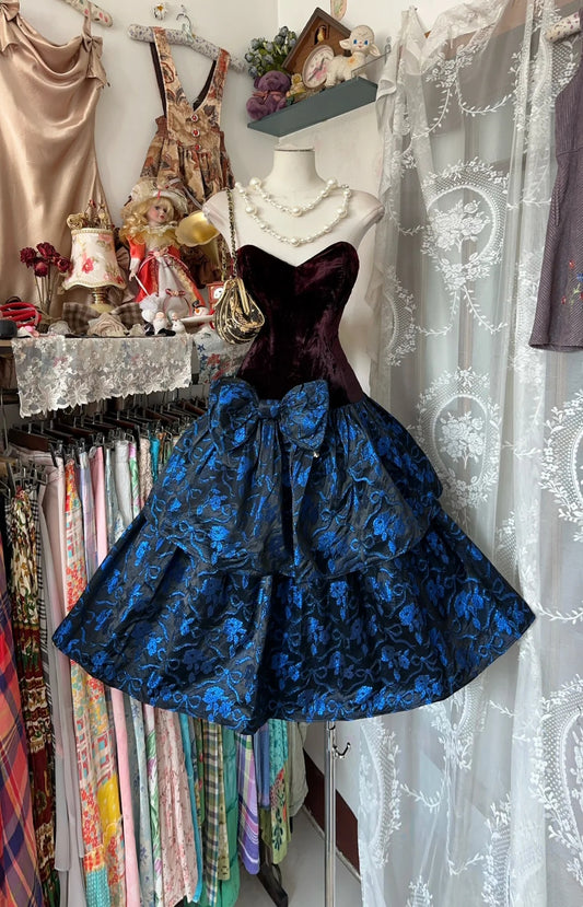 Regal Burgundy Velvet Strapless Sweetheart Neck Large Bow Layered Blue Floral Jacquard Midi A Line Homecoming Dress AS2430