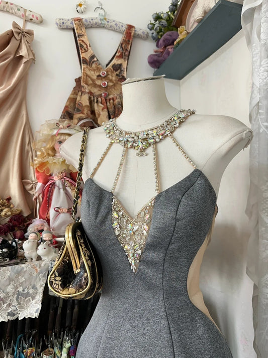 Chic Grey Halter Rhinestone Plunge V‑Neck Beaded Mesh Side Slit Bodycon Short Homecoming Dress AS2431