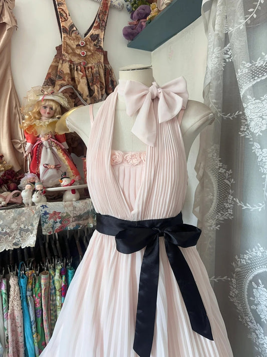 Romantic Light Pink Pleated Chiffon Halter Floral Neck Big Bow Black Sash Lace‑Trim Hem A‑Line Midi Homecoming Dress AS2432