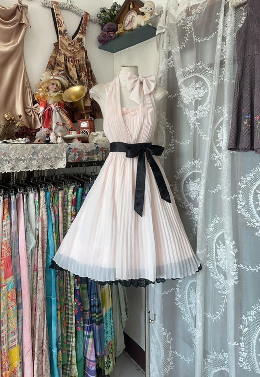 Romantic Light Pink Pleated Chiffon Halter Floral Neck Big Bow Black Sash Lace‑Trim Hem A‑Line Midi Homecoming Dress AS2432
