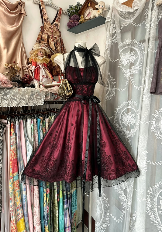 Alluring Burgundy Satin Sleeveless Tulle Halter Bow Neck Lace Waist Satin Sash Black Tulle Overlay Sequin Floral Applique A‑Line Midi Homecoming Dress AS2435