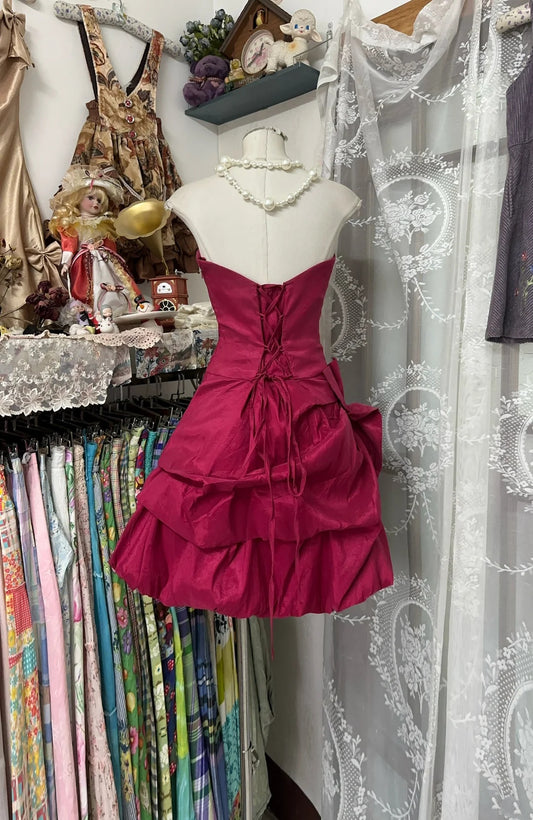 Stunning Fuchsia Satin Strapless Large 3D Rose Bow Draped Ruffle A Line Short Homecoming Dress AS2436