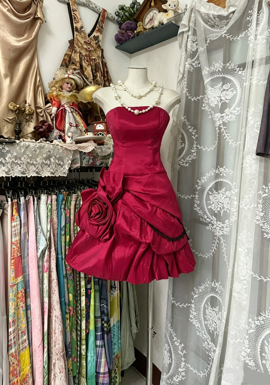 Stunning Fuchsia Satin Strapless Large 3D Rose Bow Draped Ruffle A Line Short Homecoming Dress AS2436