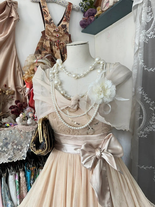 Delicate Champagne Spaghetti Sraps Floral Sequin Appliques Satin Waist Bow Ruffled Layered Tulle A Line Midi Homecoming With Sheer Cape AS2437