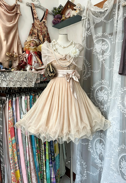 Delicate Champagne Spaghetti Sraps Floral Sequin Appliques Satin Waist Bow Ruffled Layered Tulle A Line Midi Homecoming With Sheer Cape AS2437