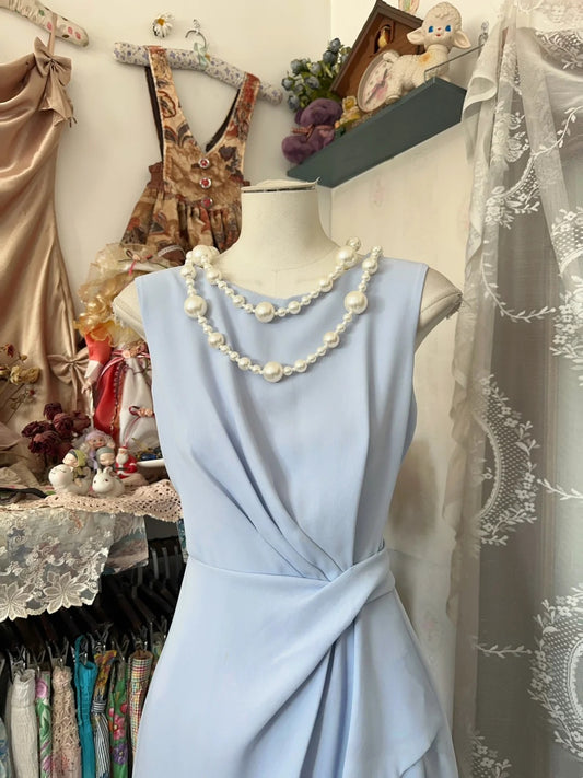 Elegant Sky‑Blue Round Neck Sleeveless Twisted Wrap Waist Draped Ruffle Sheath Midi Homecoming Dress AS2438