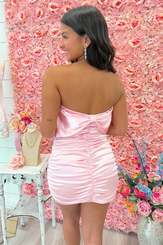 Pink Satin Strapless Mini Homecoming Dress With Bow Back And Ruched Skirt AS244