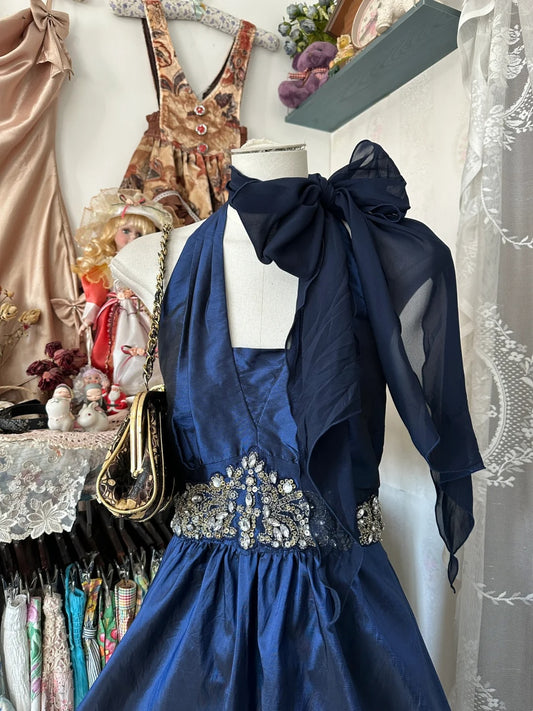 Opulent Navy Blue Satin Halter Neck Rhinestone Beaded Waist A‑Line Midi Homecoming Dress With Detachable Chiffon Neck Bow Sash AS2442