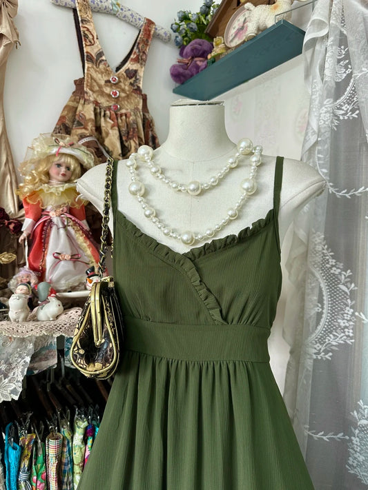 Elegant Olive Green Spaghetti Straps Ruffled V‑Neck Empire Waist Flowy Chiffon A‑Line Midi Homecoming Dress AS2443