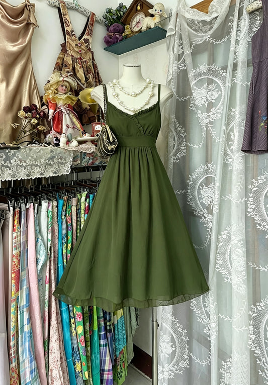 Elegant Olive Green Spaghetti Straps Ruffled V‑Neck Empire Waist Flowy Chiffon A‑Line Midi Homecoming Dress AS2443