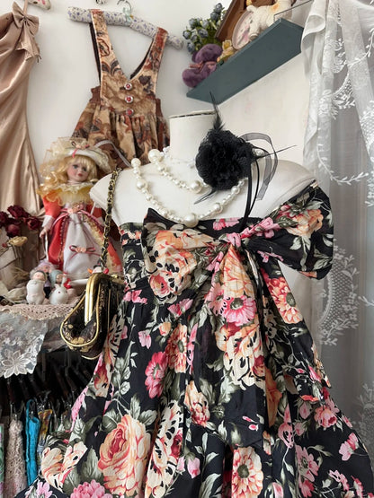 Playful Black Floral Print Strapless Large Front Bow Tiered Ruffled A Line Short Homecoming Dress AS2445