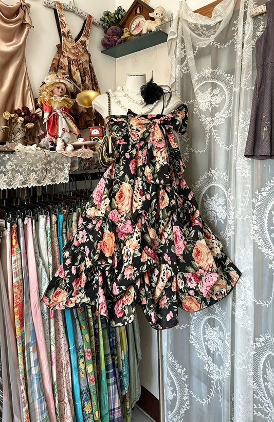 Playful Black Floral Print Strapless Large Front Bow Tiered Ruffled A Line Short Homecoming Dress AS2445